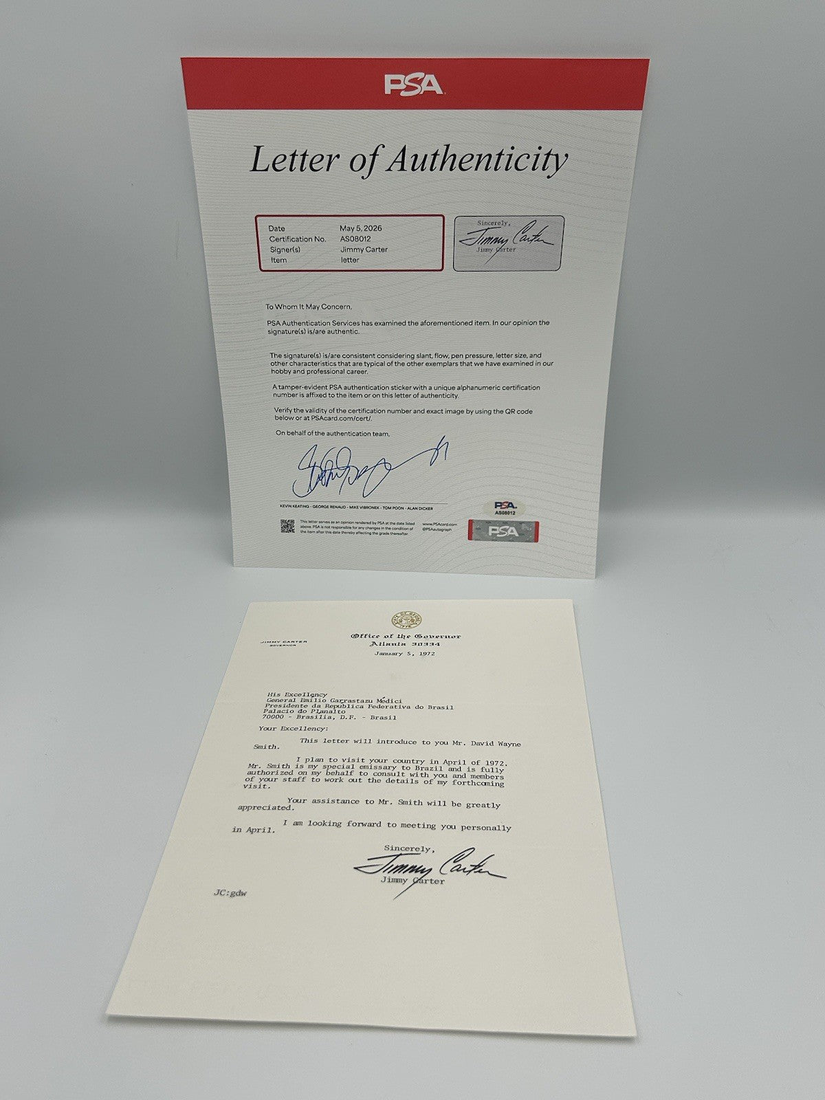 President Jimmy Carter Signed Letter To General Emílio Garrastazu Médici PSA LOA