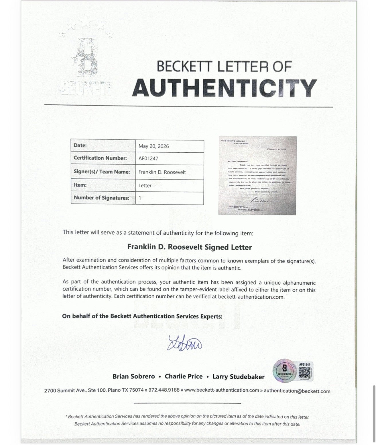 FRANKLIN D. ROOSEVELT - TYPED LETTER SIGNED 02/04/1935 BAS COA