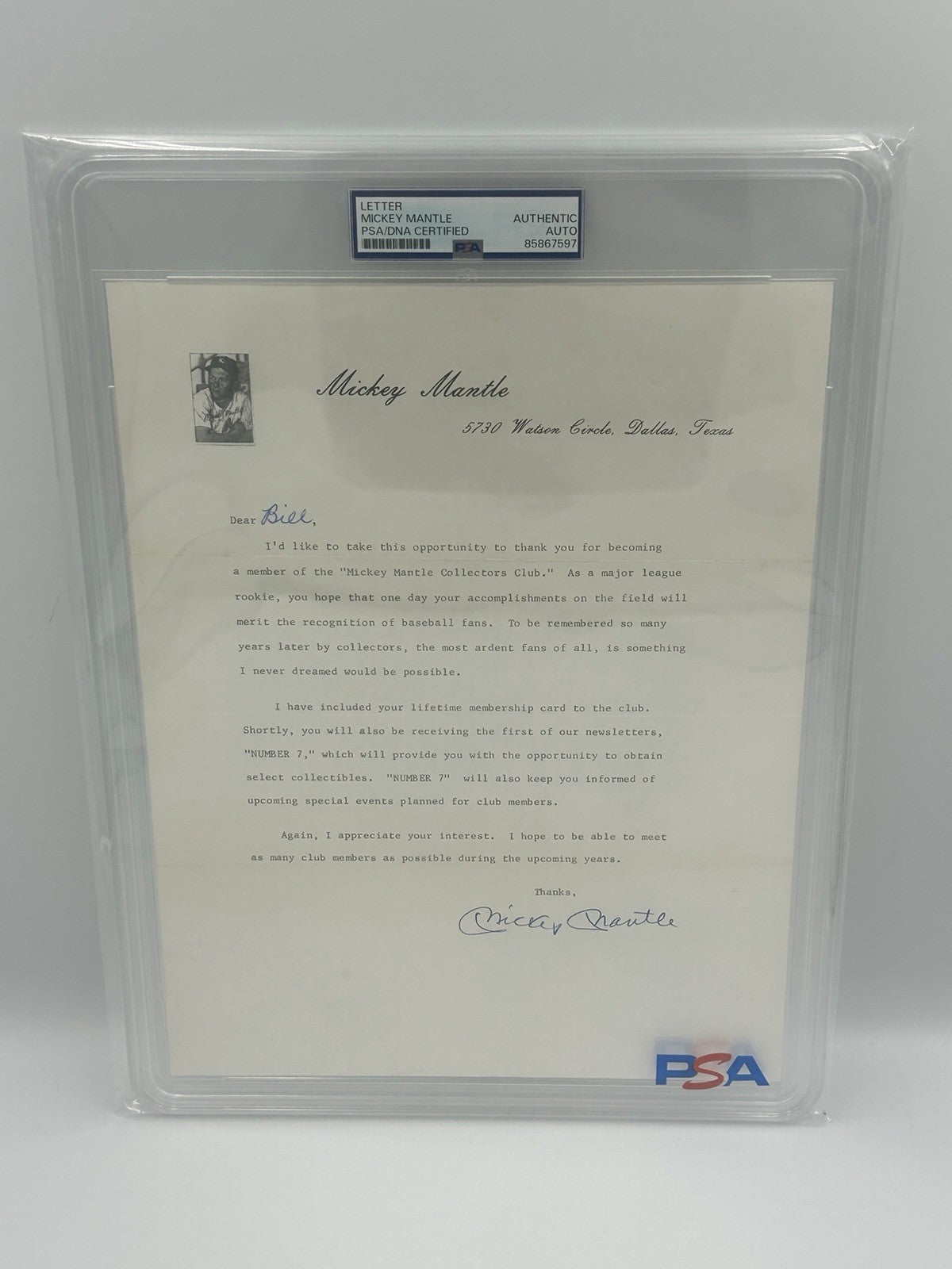 Mickey Mantle Collectors Club Signed Letter RARE PSA Encapsulated Autograph