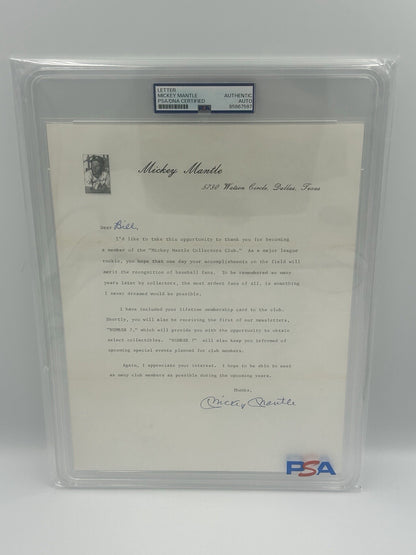 Mickey Mantle Collectors Club Signed Letter RARE PSA Encapsulated Autograph