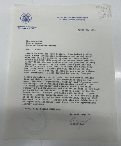George H. W. Bush TLS 1971 United Nations letterhead Rare Format To US Rep