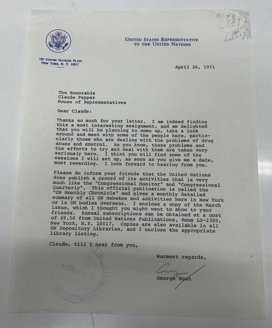George H. W. Bush TLS 1971 United Nations letterhead Rare Format To US Rep