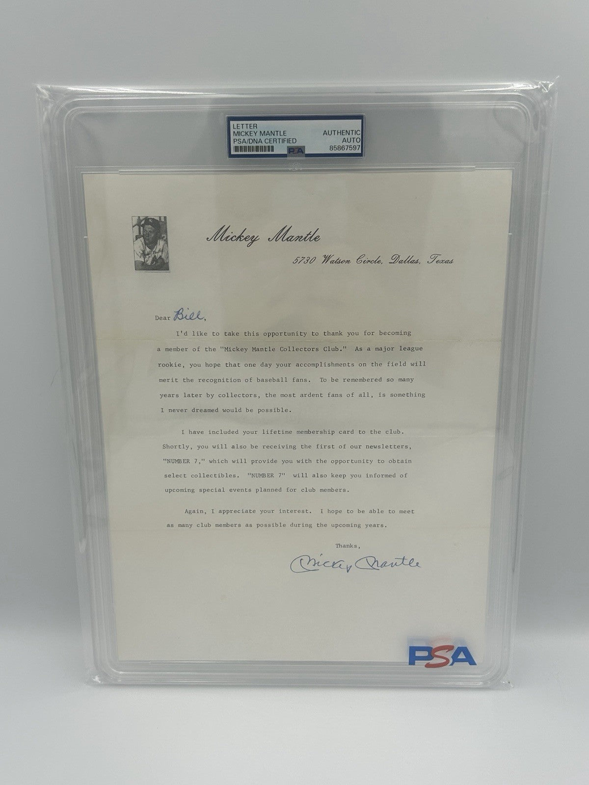 Mickey Mantle Collectors Club Signed Letter RARE PSA Encapsulated Autograph