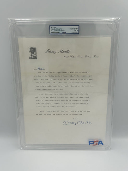 Mickey Mantle Collectors Club Signed Letter RARE PSA Encapsulated Autograph