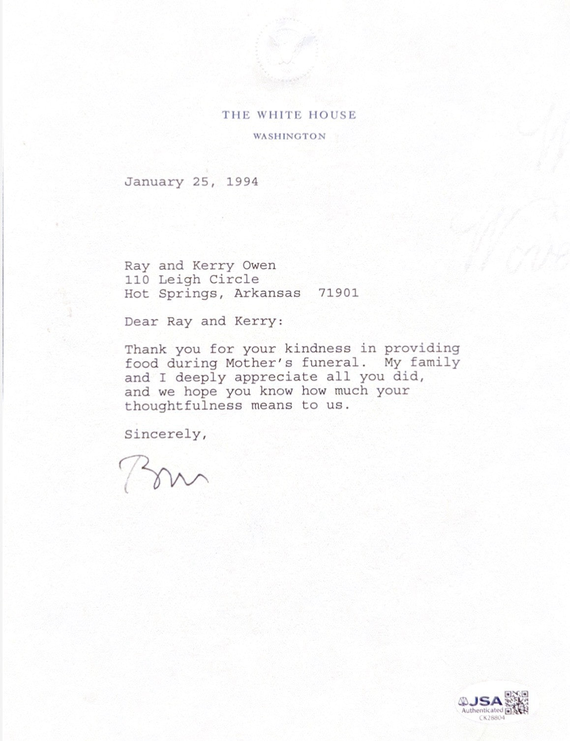 WILLIAM J. "BILL" CLINTON - TYPED LETTER SIGNED 01/25/1994 JSA COA