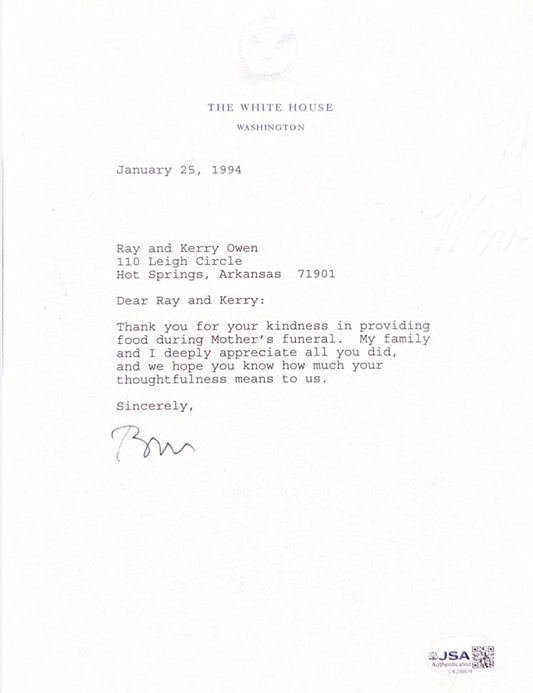 WILLIAM J. "BILL" CLINTON - TYPED LETTER SIGNED 01/25/1994 JSA COA