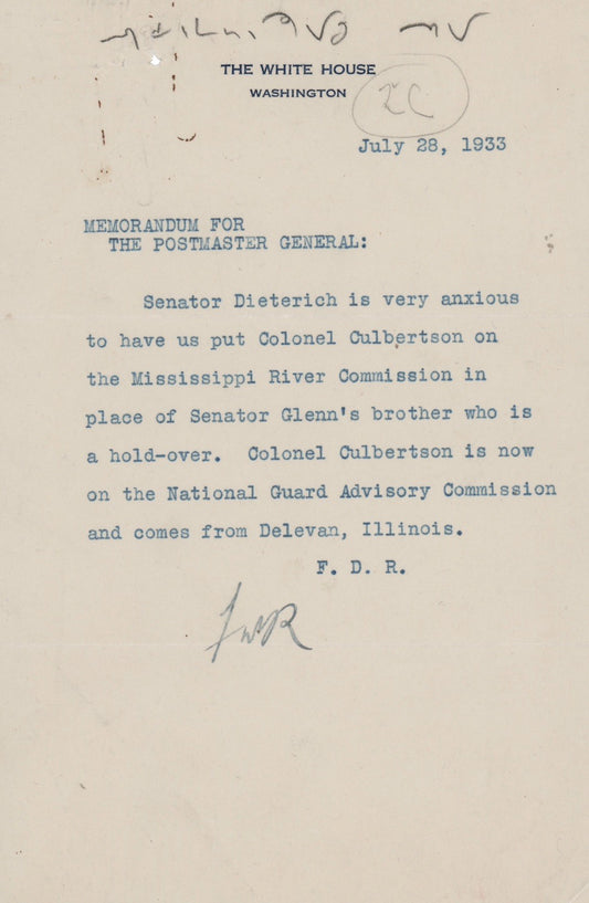 Franklin D. Roosevelt Typed Memo Signed as President