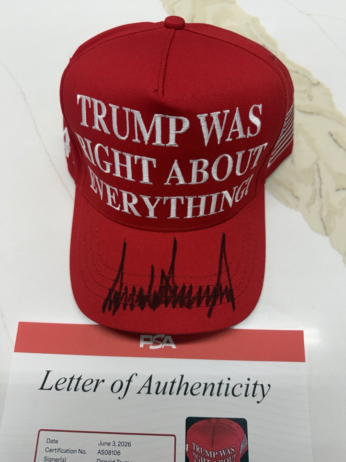 President Donald Trump Signed TRUMP WAS RIGHT ABOUT EVERYTHING Hat RARE PSA LOA