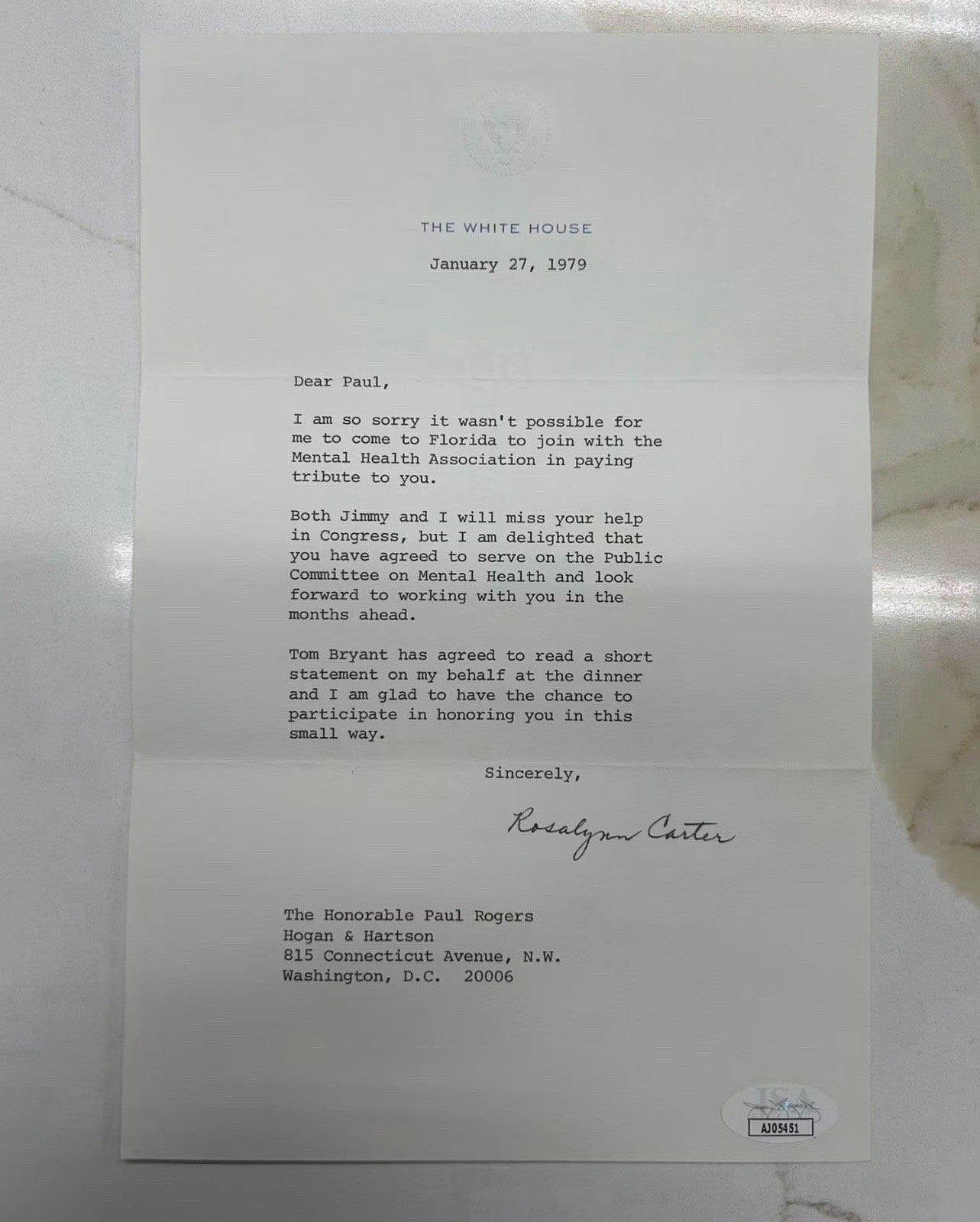 Rosalynn Carter Signed 1979 White House Letter Autographed FLOTUS W/ Envelope