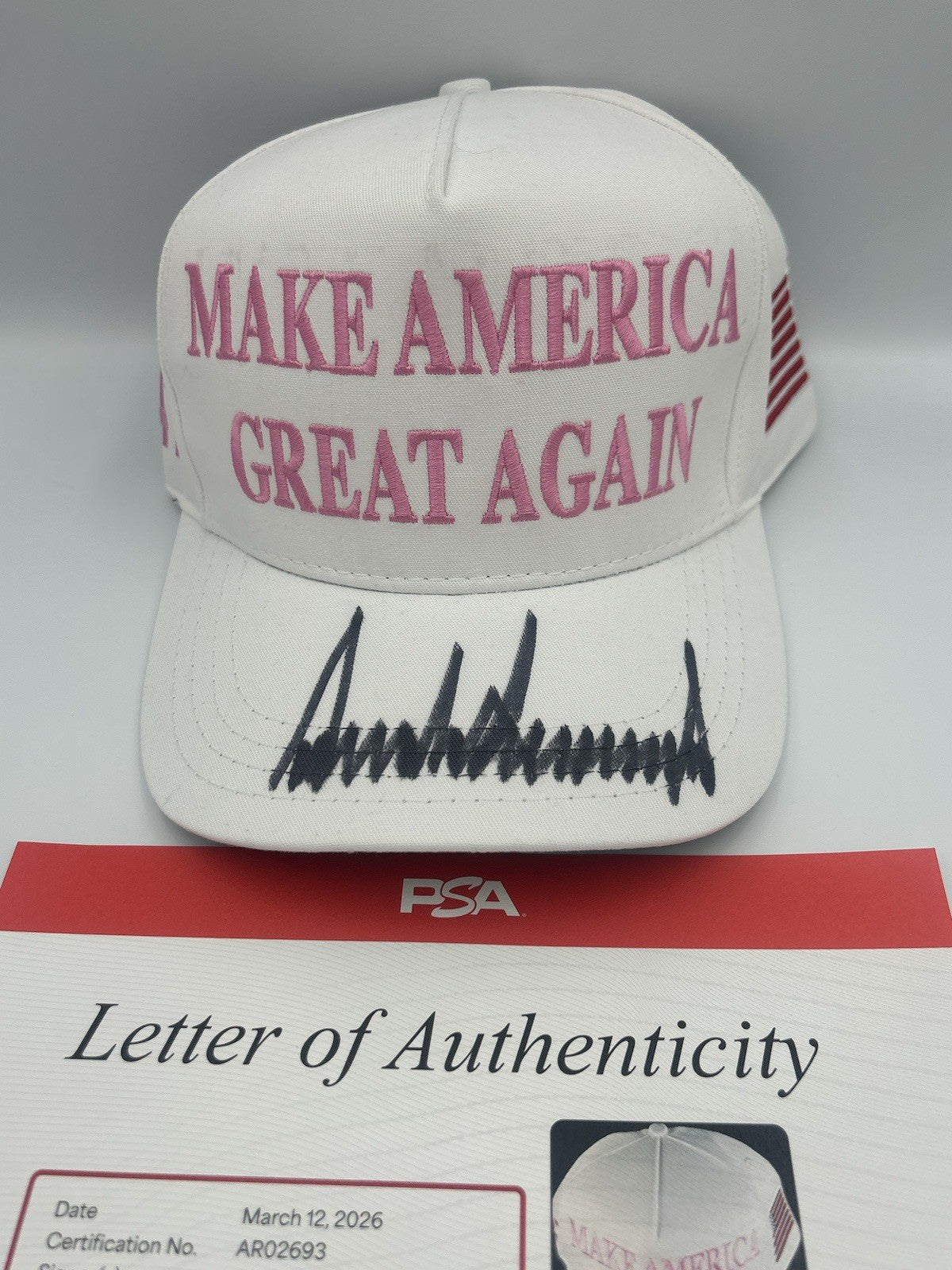 President Donald Trump Autographed Signature MAGA Hat PINK Rare Sign Hat PSA LOA
