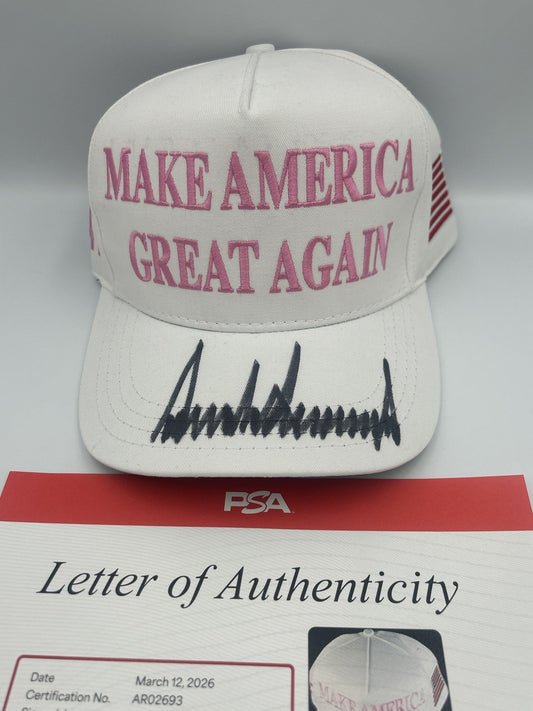 President Donald Trump Autographed Signature MAGA Hat PINK Rare Sign Hat PSA LOA