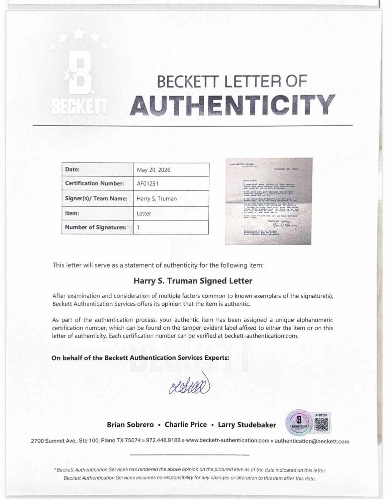 President Harry Truman signed White House Letter His Nephew  “Uncle Harry” RARE