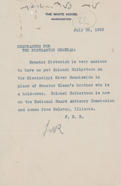 Franklin D. Roosevelt Typed Memo Signed as President BAS LOA