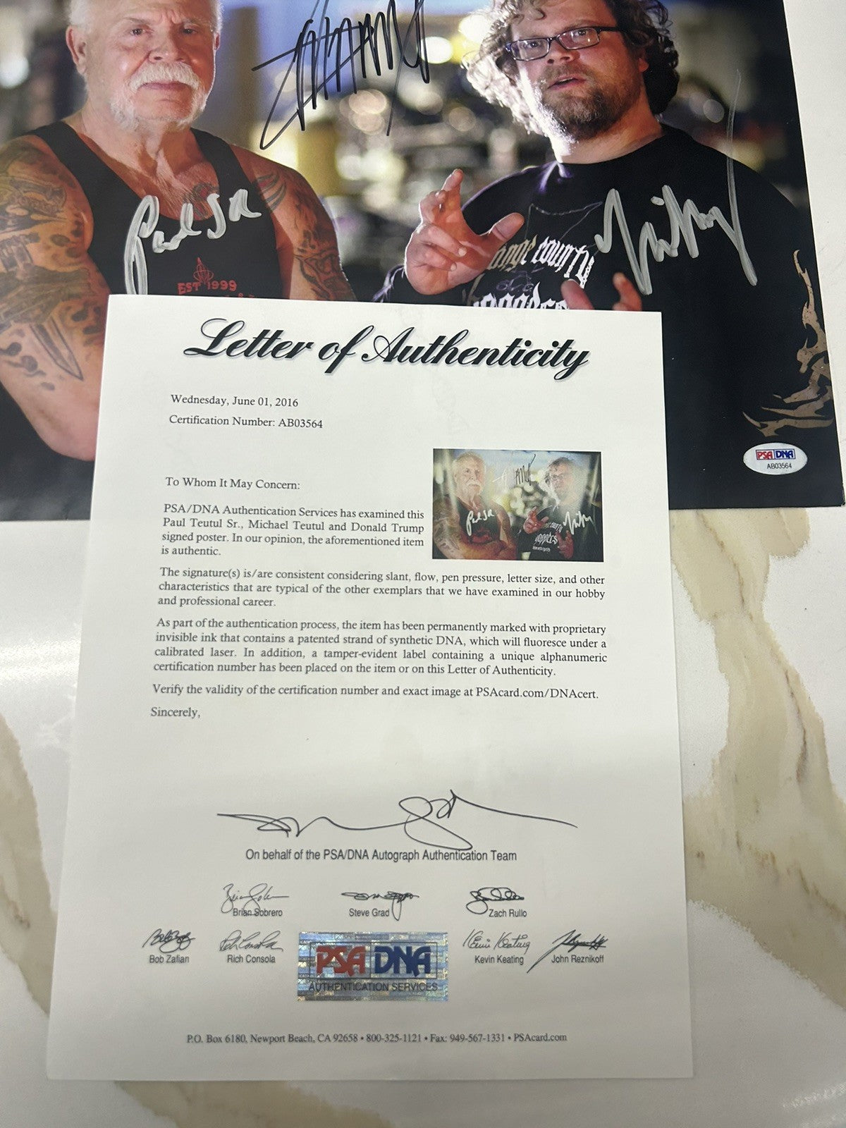 President Donald Trump + Paul Sr & Michael Teutul Signed 11x14 Photo PSA LOA OCC