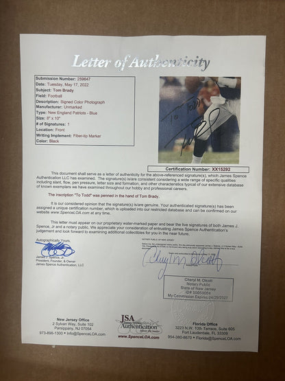Tom Brady Signed/Custom Framed 8x10 Patriots Photo JSA LOA Rare Inscription Nice