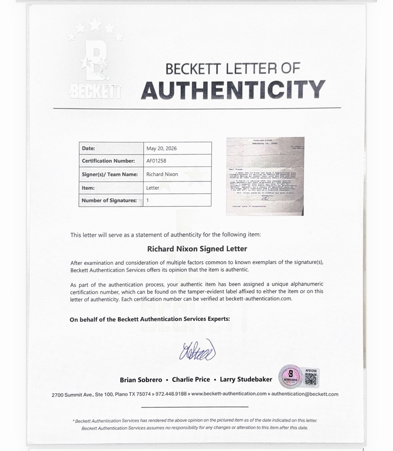 RICHARD M. NIXON - TYPED LETTER SIGNED - CUSTOM FRAMED - THE RUSSIAN FLU BAS LOA