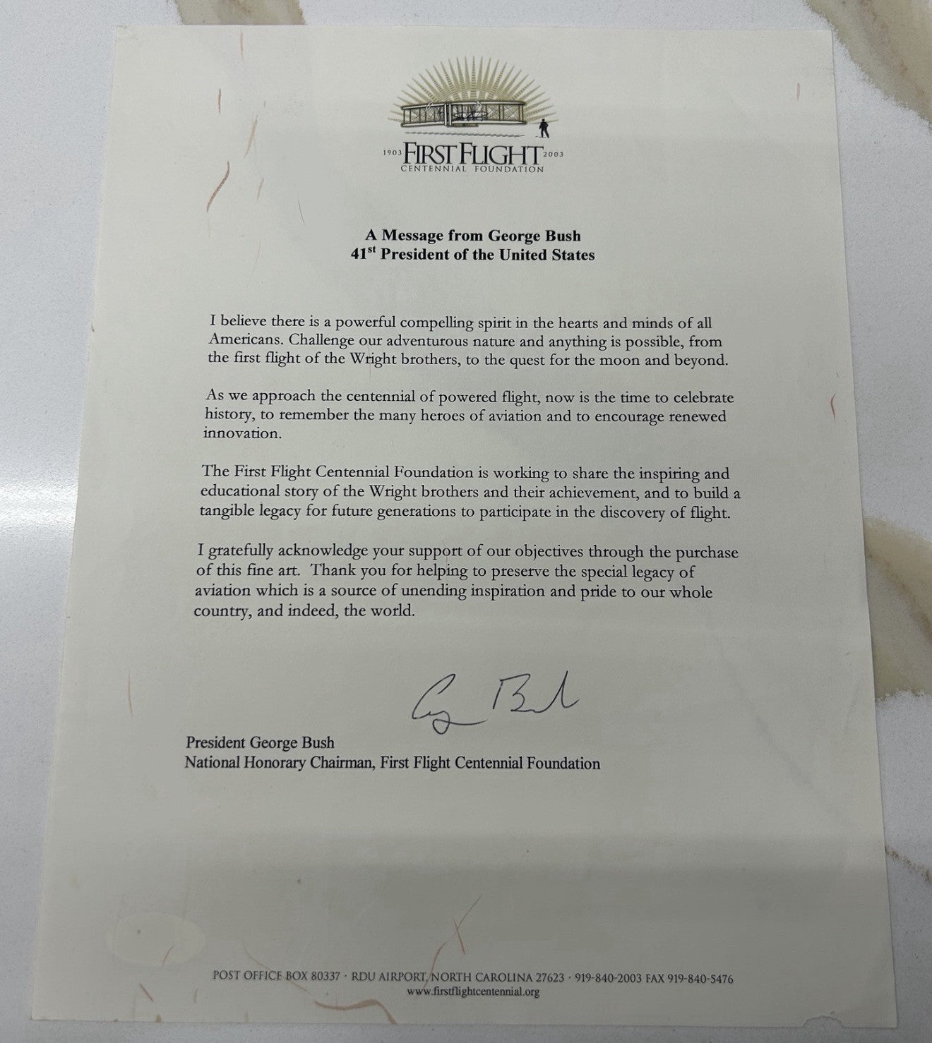 George HW Bush  First Flight Centennial Foundation Signed Letter Chairman JSA
