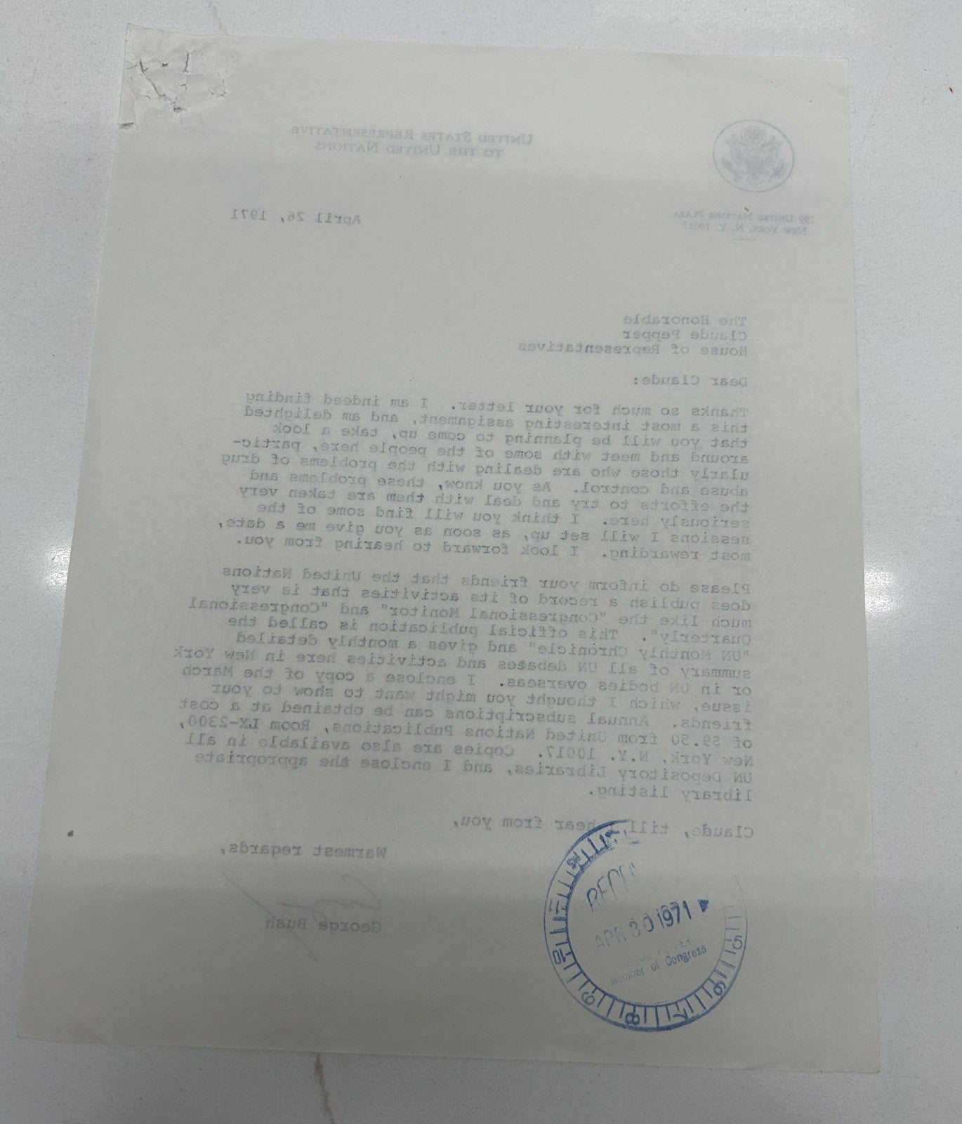 George H. W. Bush TLS 1971 United Nations letterhead Rare Format To US Rep