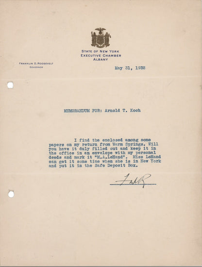 Franklin D. Roosevelt Typed Memo Signed as Governor Of New York BAS LOA