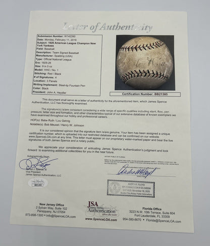 Babe Ruth, Lou Gehrig. 1926 New York Yankees Signed  Baseball JSA LOA