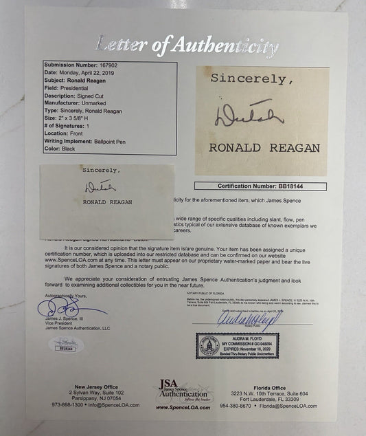 Ronald Reagan Signed Cut Autograph RARE “Dutch” Signature JSA LOA