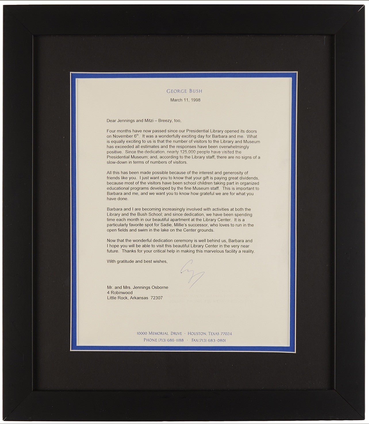 President George H.W. Bush-Signed Letter from 1998 Custom Framed