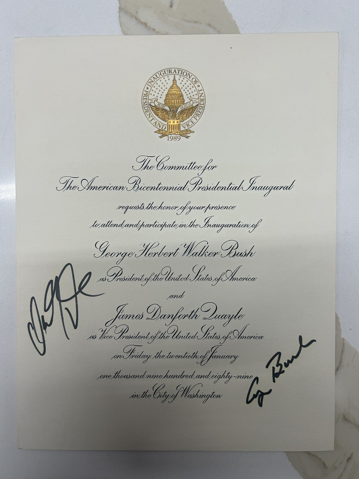 GEORGE BUSH Signed Inauguration 1989 Dan Quayle VP + President Autographed