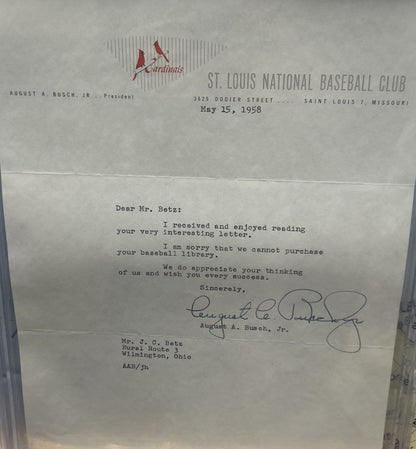 August Busch Jr  St. Louis Cardinals Signed Letter Beckett Certified Rare