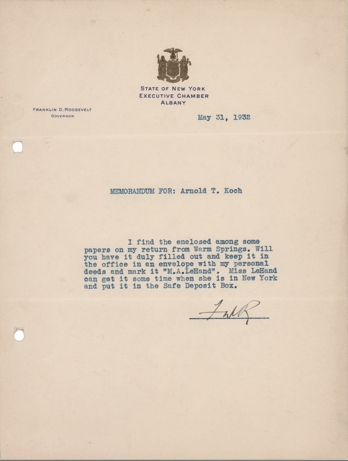 Franklin D. Roosevelt Typed Memo Signed as Governor Of New York