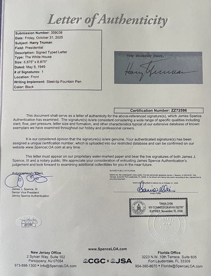 Harry S. Truman 1949 Typed Letter Signed as President - White House Stationery