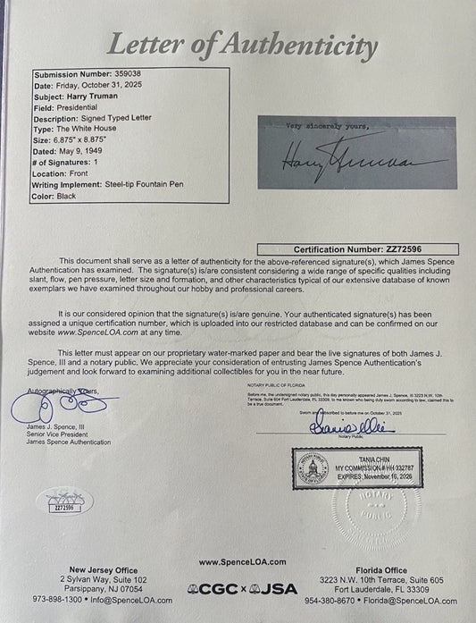 Harry S. Truman 1949 Typed Letter Signed as President - White House Stationery