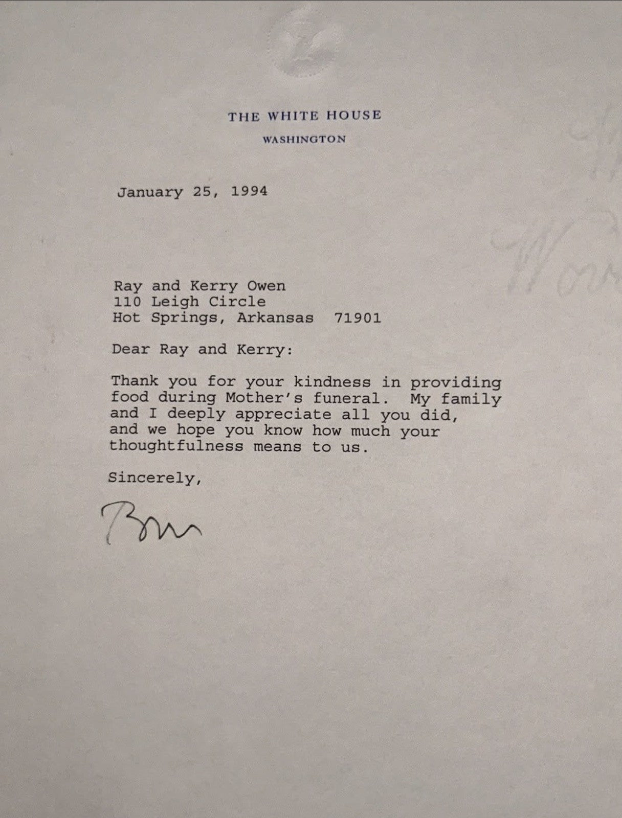 WILLIAM J. "BILL" CLINTON - TYPED LETTER SIGNED 01/25/1994