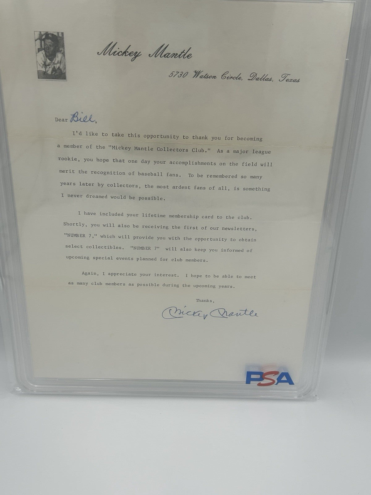 Mickey Mantle Collectors Club Signed Letter RARE PSA Encapsulated Autograph