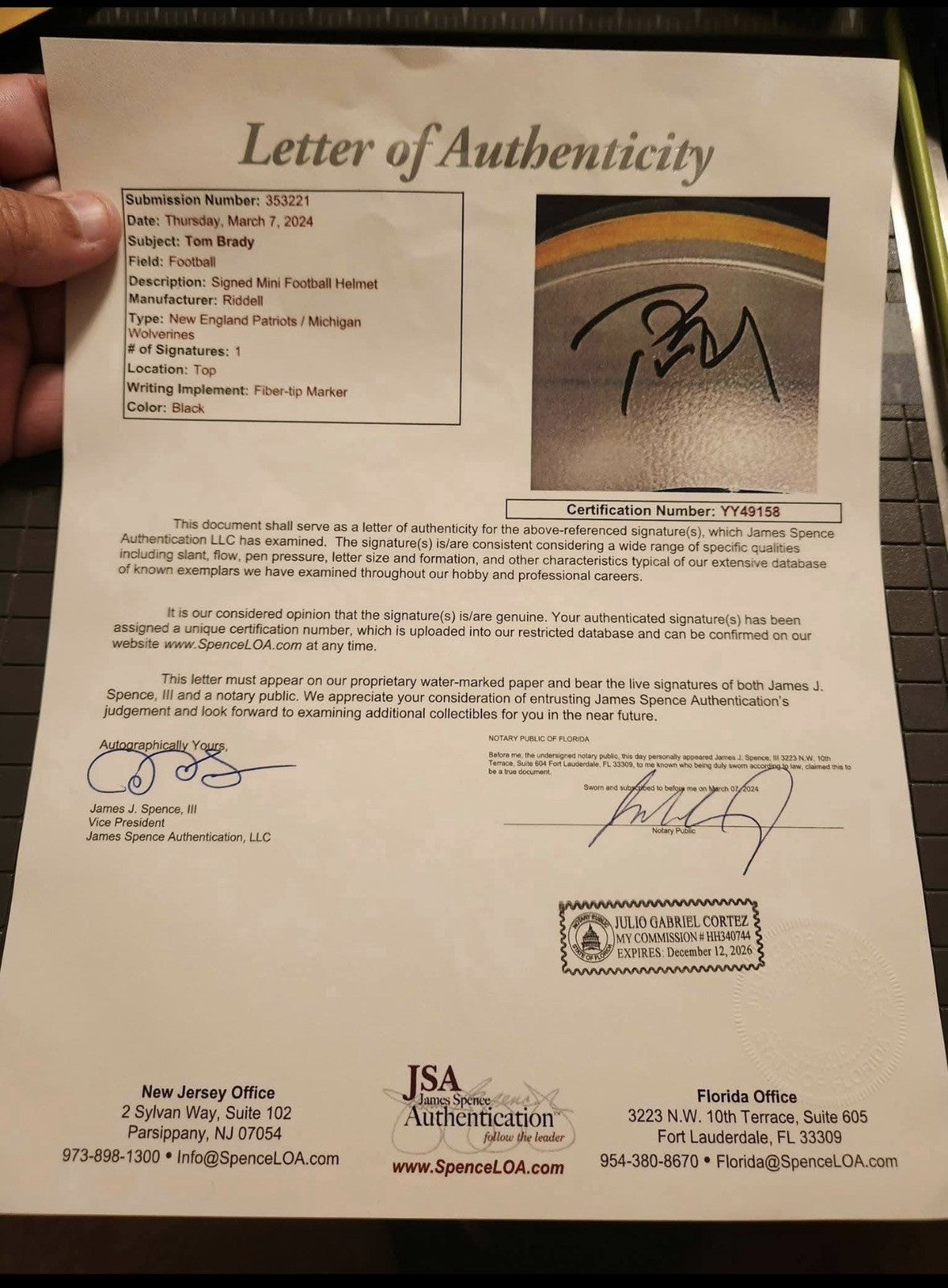 TOM BRADY signed NEW ENGLAND PATRIOTS Mini Helmet JSA Letter Rare Autograph