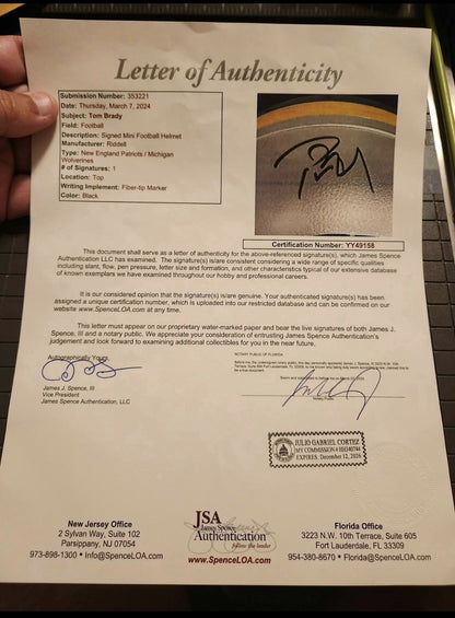 TOM BRADY signed NEW ENGLAND PATRIOTS Mini Helmet JSA Letter Rare Autograph