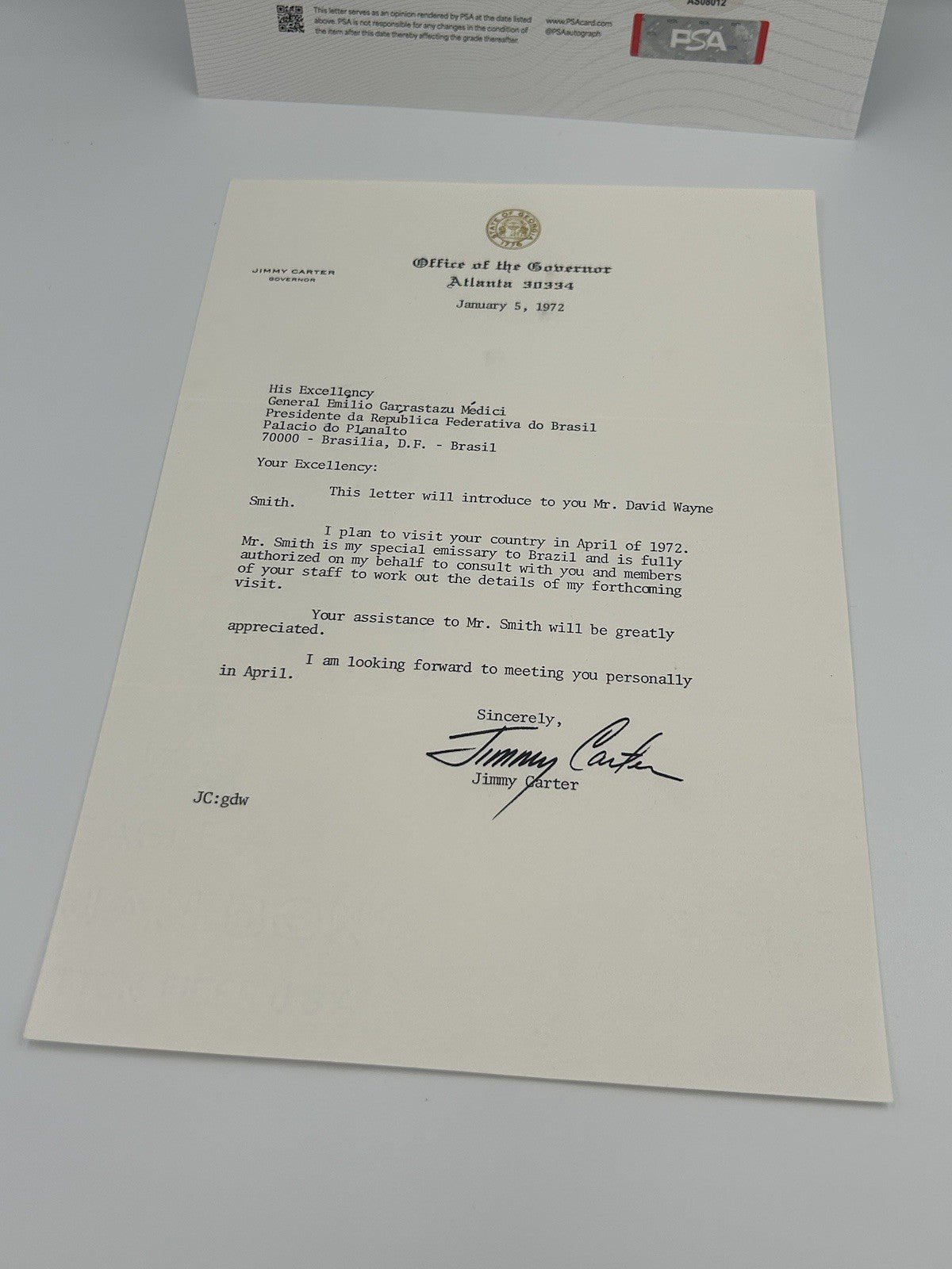 President Jimmy Carter Signed Letter To General Emílio Garrastazu Médici PSA LOA