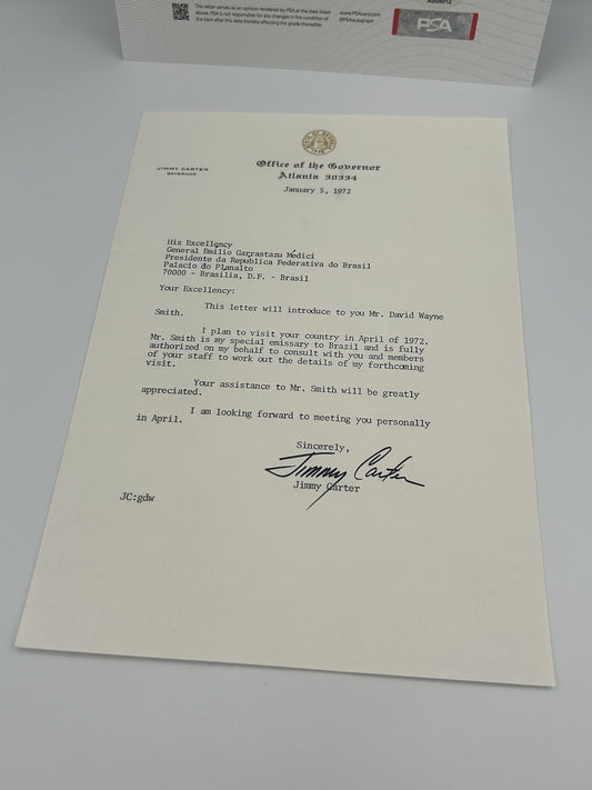 President Jimmy Carter Signed Letter To General Emílio Garrastazu Médici PSA LOA