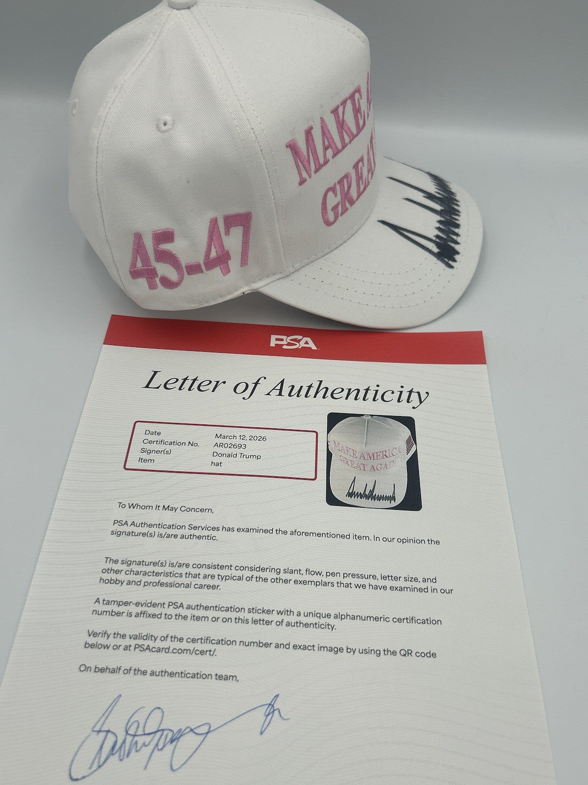 President Donald Trump Autographed Signature MAGA Hat PINK Rare Sign Hat PSA LOA