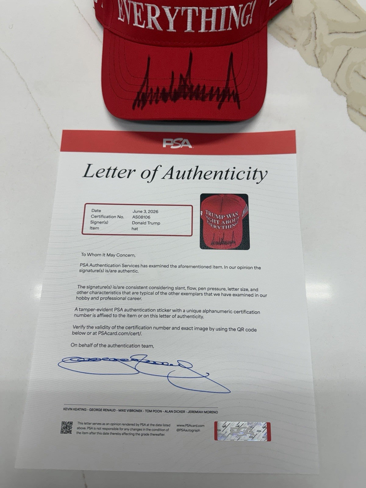 President Donald Trump Signed TRUMP WAS RIGHT ABOUT EVERYTHING Hat RARE PSA LOA