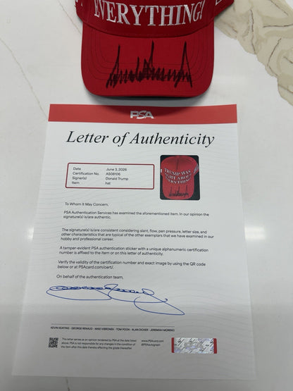 President Donald Trump Signed TRUMP WAS RIGHT ABOUT EVERYTHING Hat RARE PSA LOA