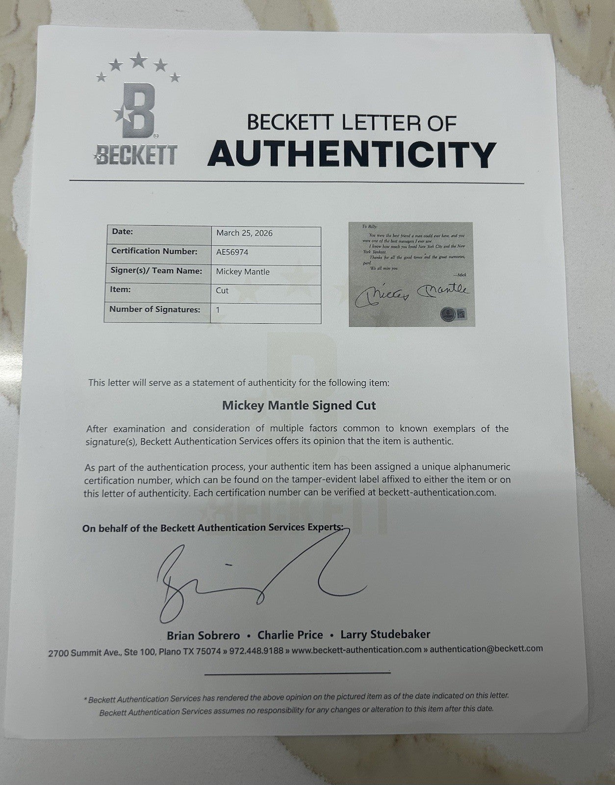 Mickey Mantle Cut Autograph Rare Signature Page Beckett LOA