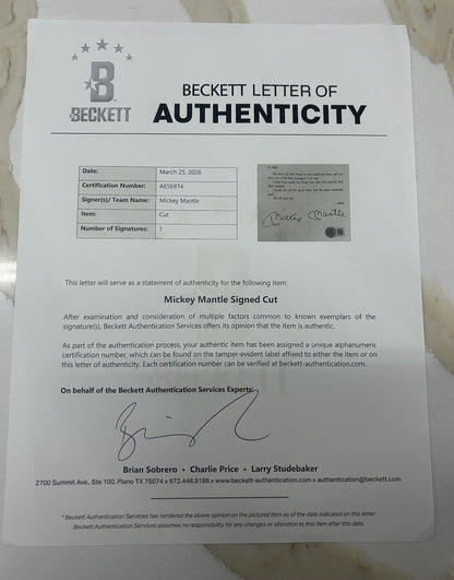 Mickey Mantle Cut Autograph Rare Signature Page Beckett LOA