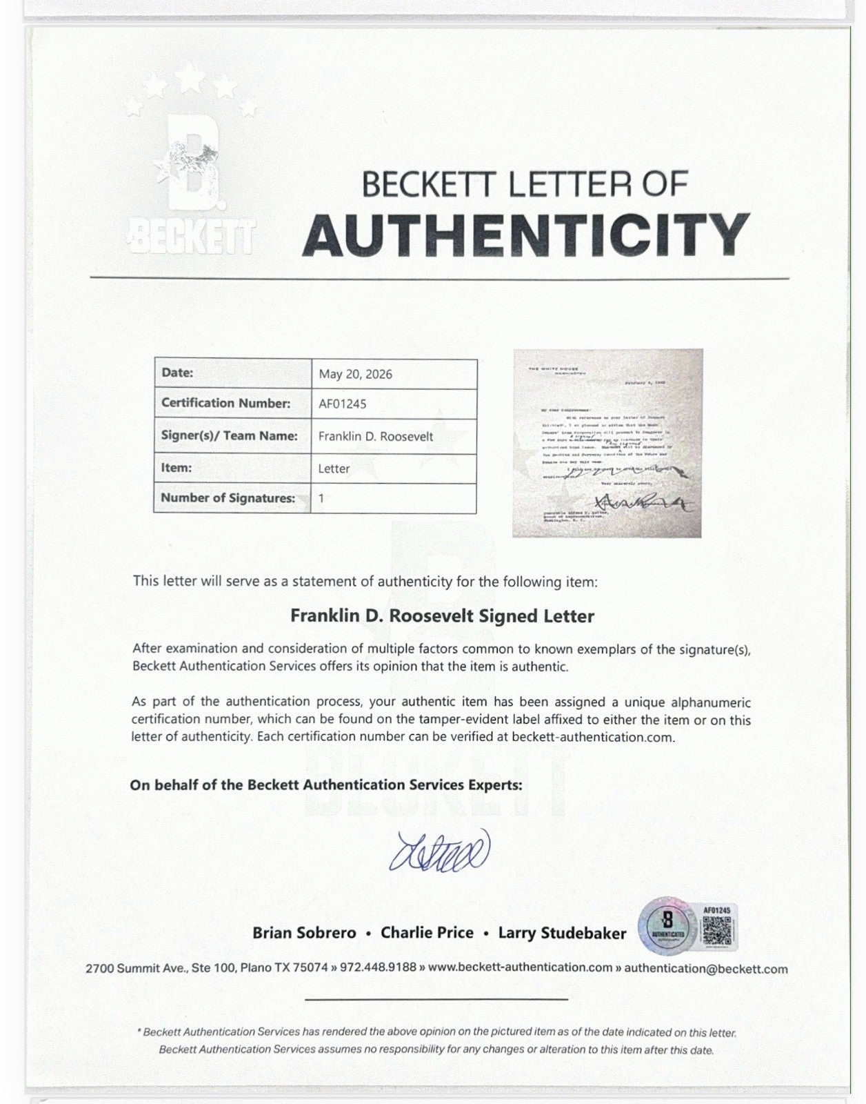 FRANKLIN D. ROOSEVELT - TYPED LETTER SIGNED 02/06/1935 BAS COA
