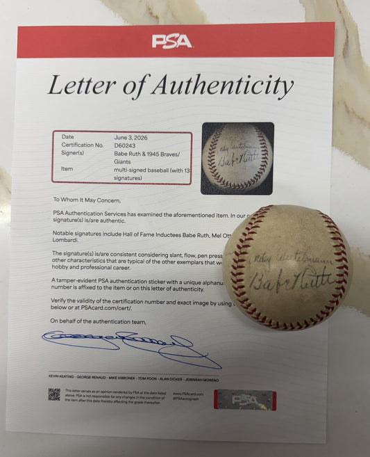 BABE RUTH Signed Spalding Baseball Mel Ott Ernie Lombardi RARE PSA LOA