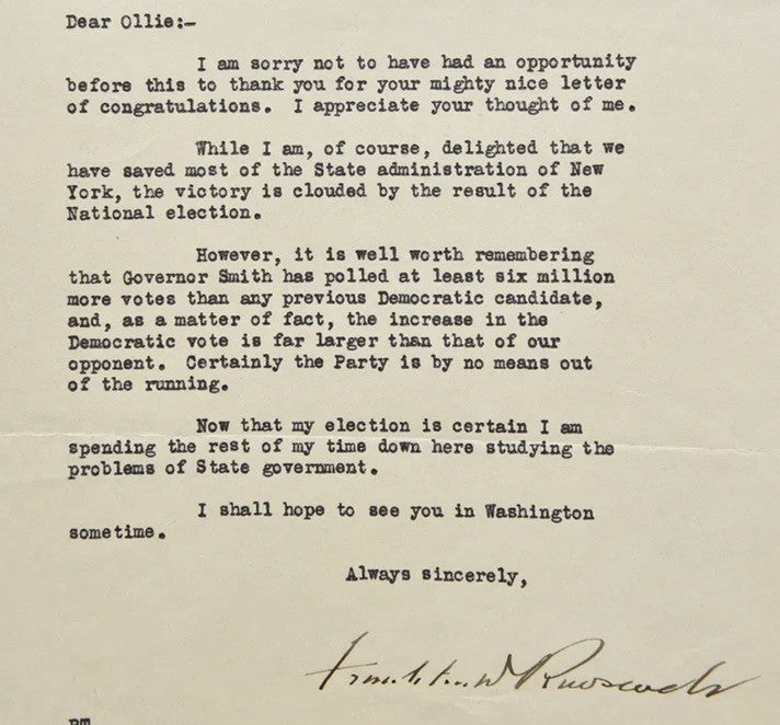 Franklin D Roosevelt Signed Letter TLS Al Smith Election Content Full Signature
