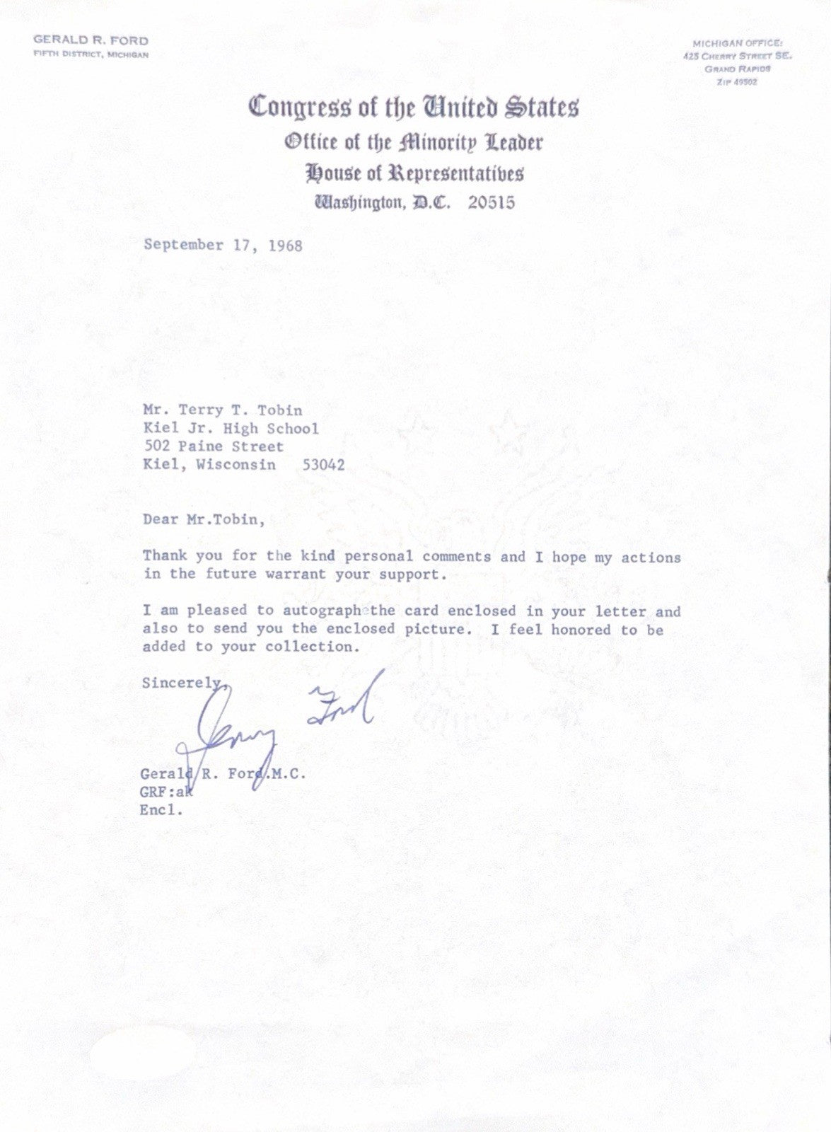 Gerald Ford Signed 1968 Letter Rare Format Early Ford Congressman JSA COA