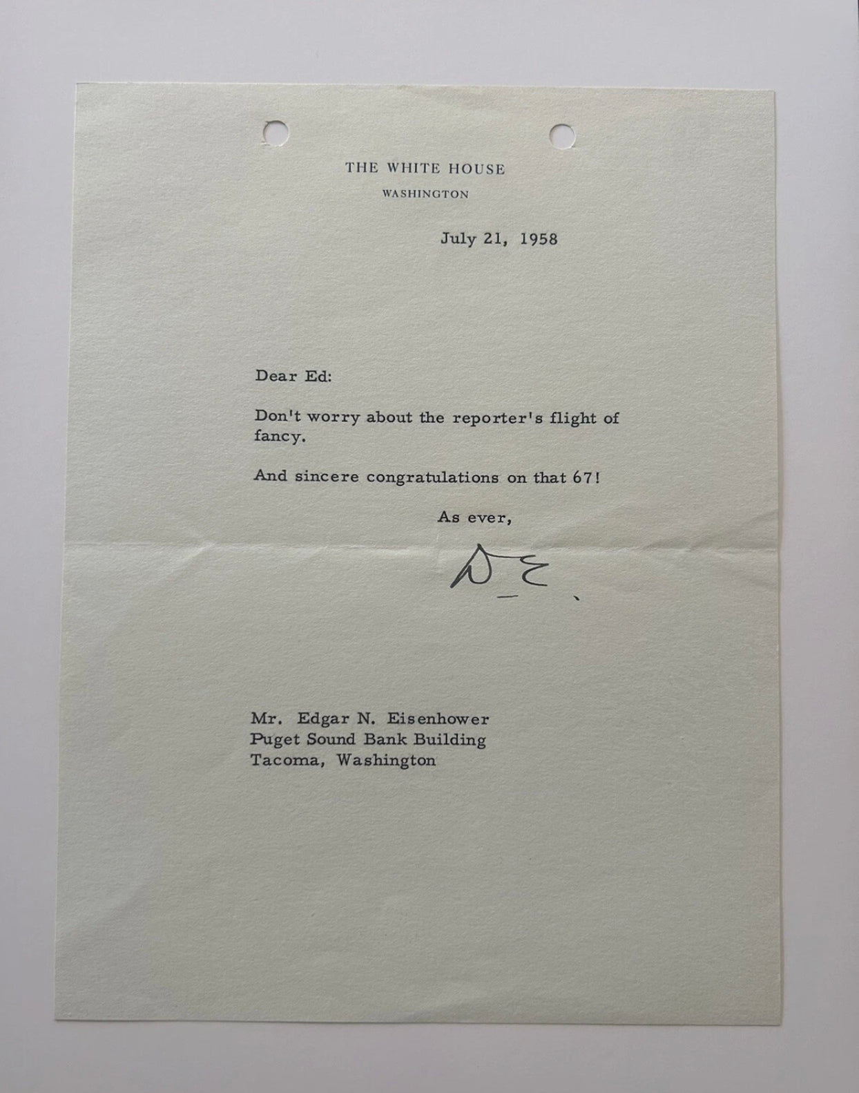 Dwight Eisenhower 1958 Typed Letter Signed - To His Brother Autographed Letter